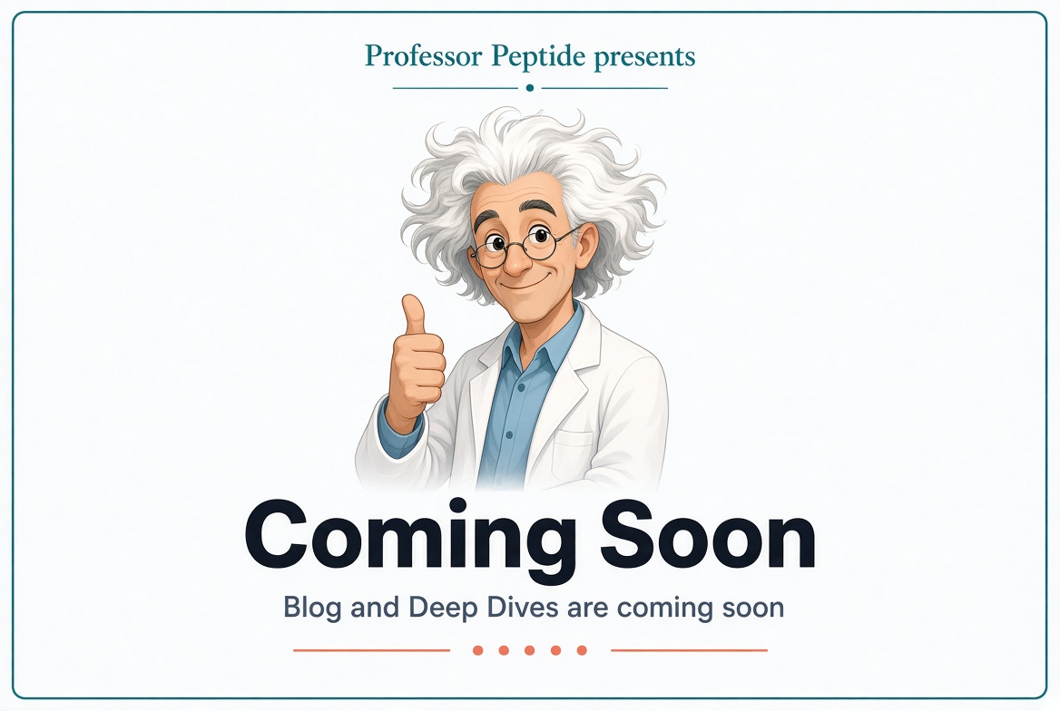Professor Peptide Coming Soon — Blog and Deep Dives are coming soon. Cartoon scientist with wild Einstein hair giving a thumbs-up.